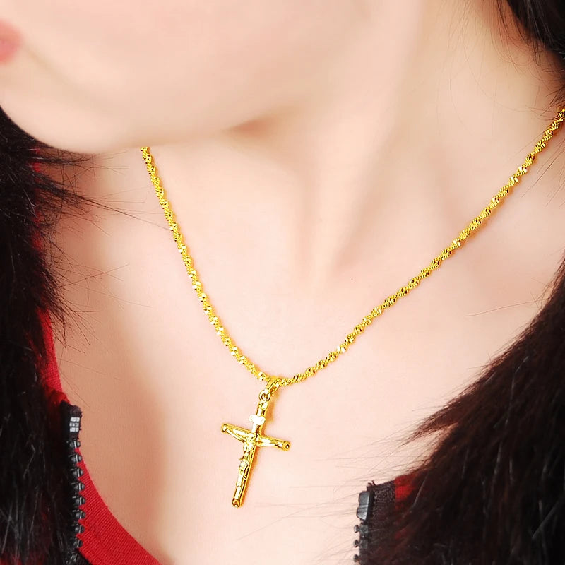 Real 24K Gold Color Cross Pendant & Necklace for Men/Women Gold Chain Religious