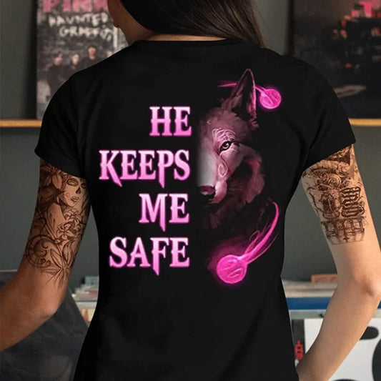 She Keeps Me Strong He Keeps Me Safe Couple Matching T Shirt Wolf Couple