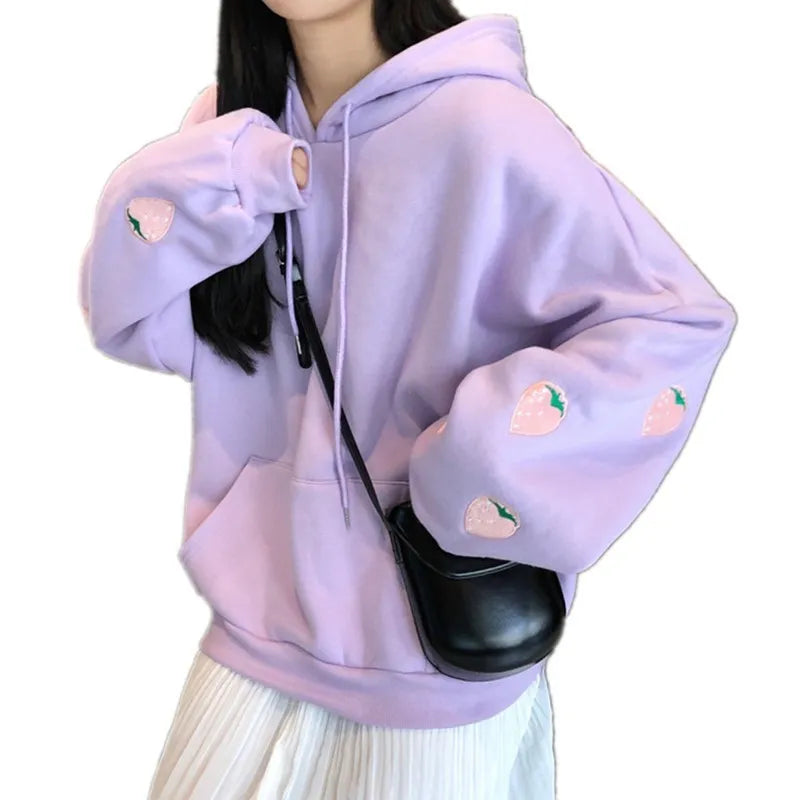 Harajuku Embroidery Lavender hooded Sweatshirt Women Kawaii Loose Long Sleeves