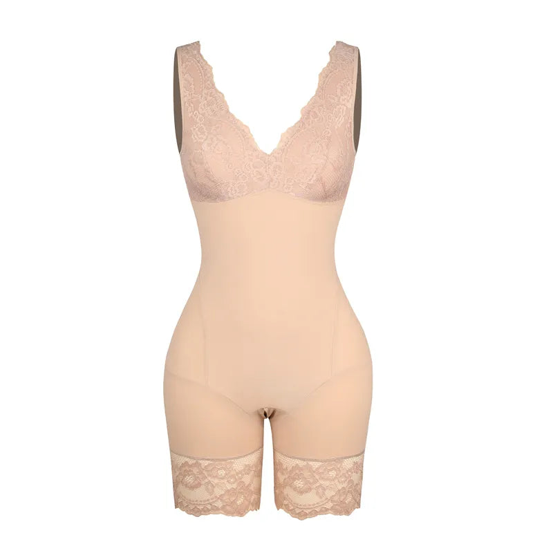 Women Full Body Shapewear Sexy v Neck Bodysuit Slimming Belly Lace Patchwork