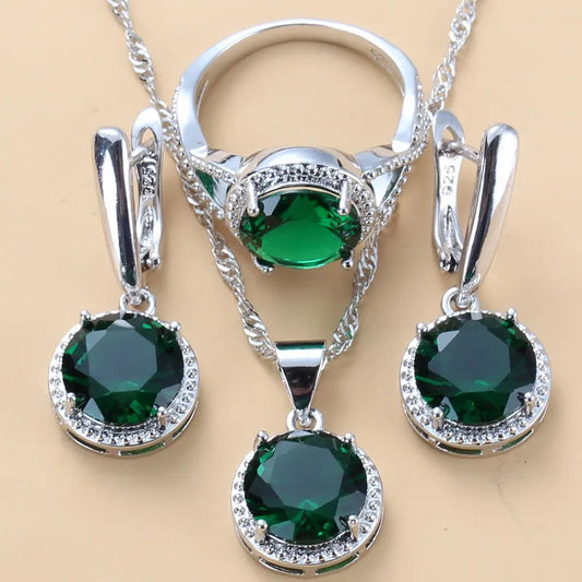 2024 New Trendy 925 Silver Jewelry Sets Green Cubic Zirconia Necklaces