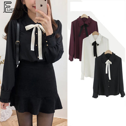 Chiffon Blouses Shirts New Hot Style Girls Bow Tie Tops Collar Shirt