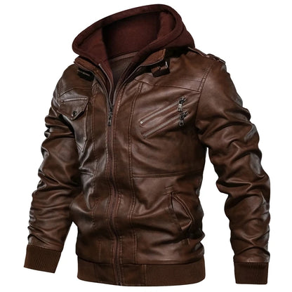 Men's Autumn Winter Motorcycle Leather Jacket Windbreaker Hooded Jackets