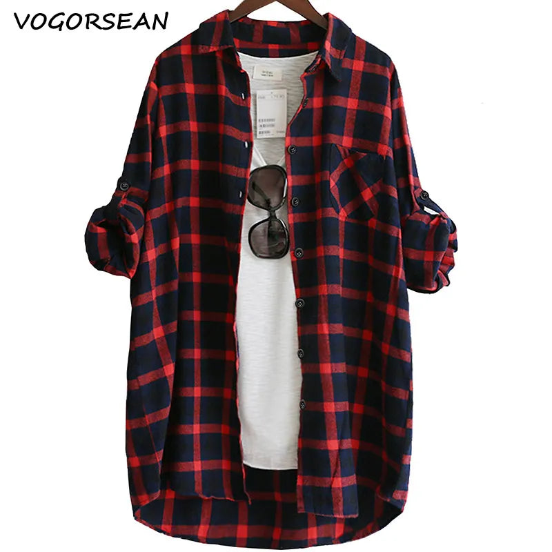 Women Blouse Shirt Loose Casual Plaid Shirts Long Sleeve Large Size