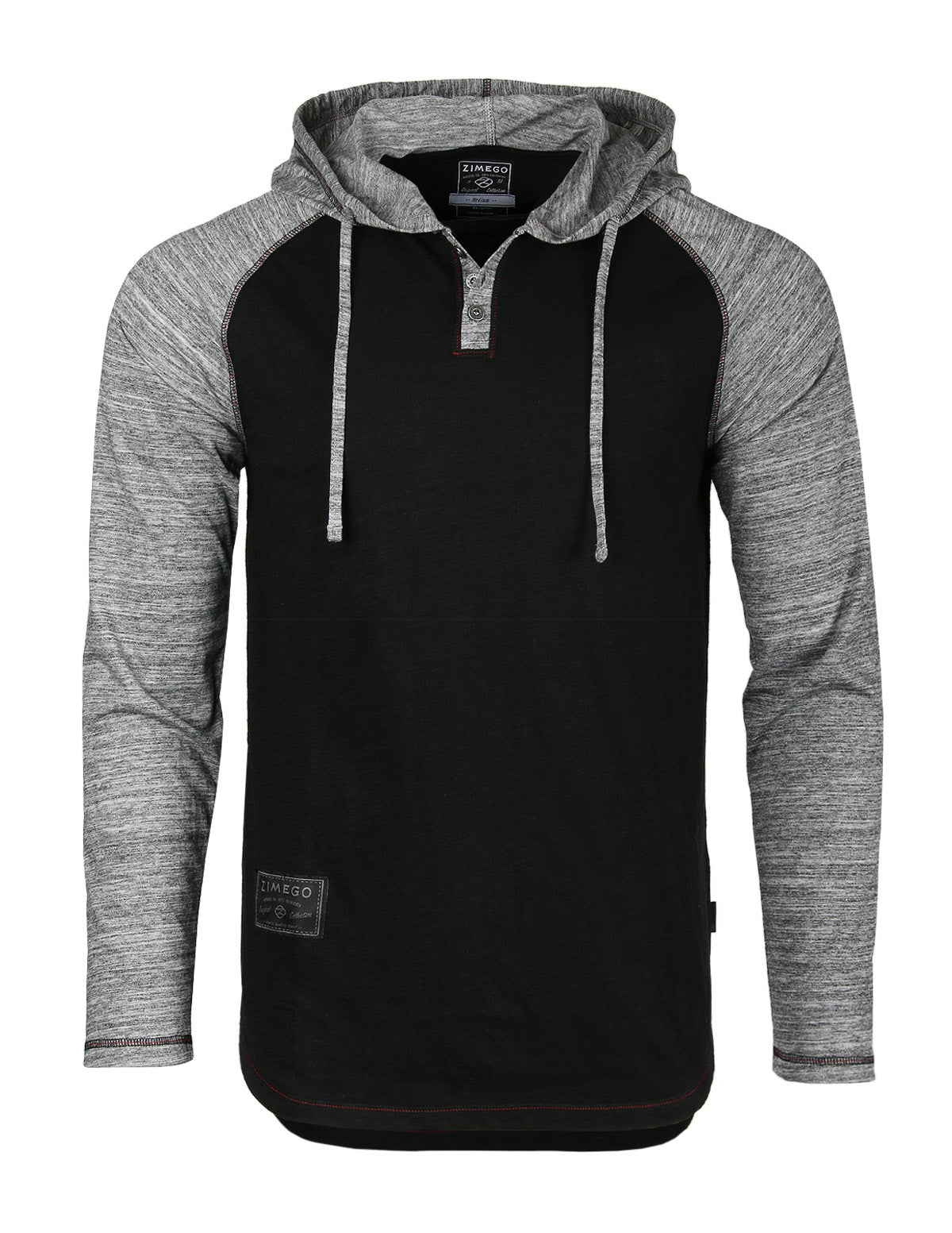 ZIMEGO Long Sleeve Raglan Henley Round Bottom Hood T-Shirts - BLACK / BLACK