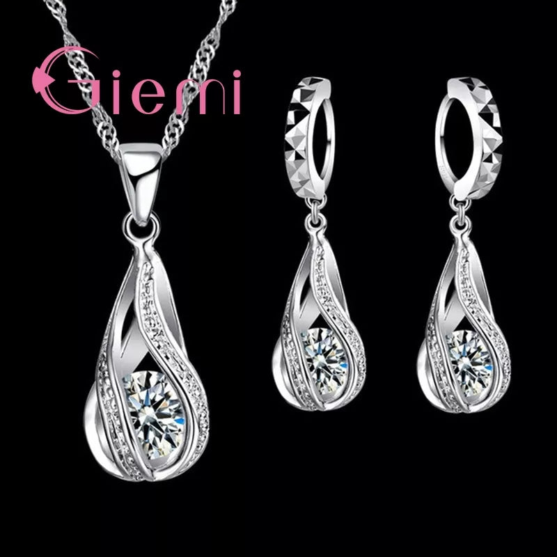 100% 925 Sterling Silver New Water Drop Cubic Zircon Pendant Necklace&Earrings