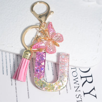 Cute Resin A-Z Initials Letter Keychain Pink Sparkle Butterfly Tassel Pendant