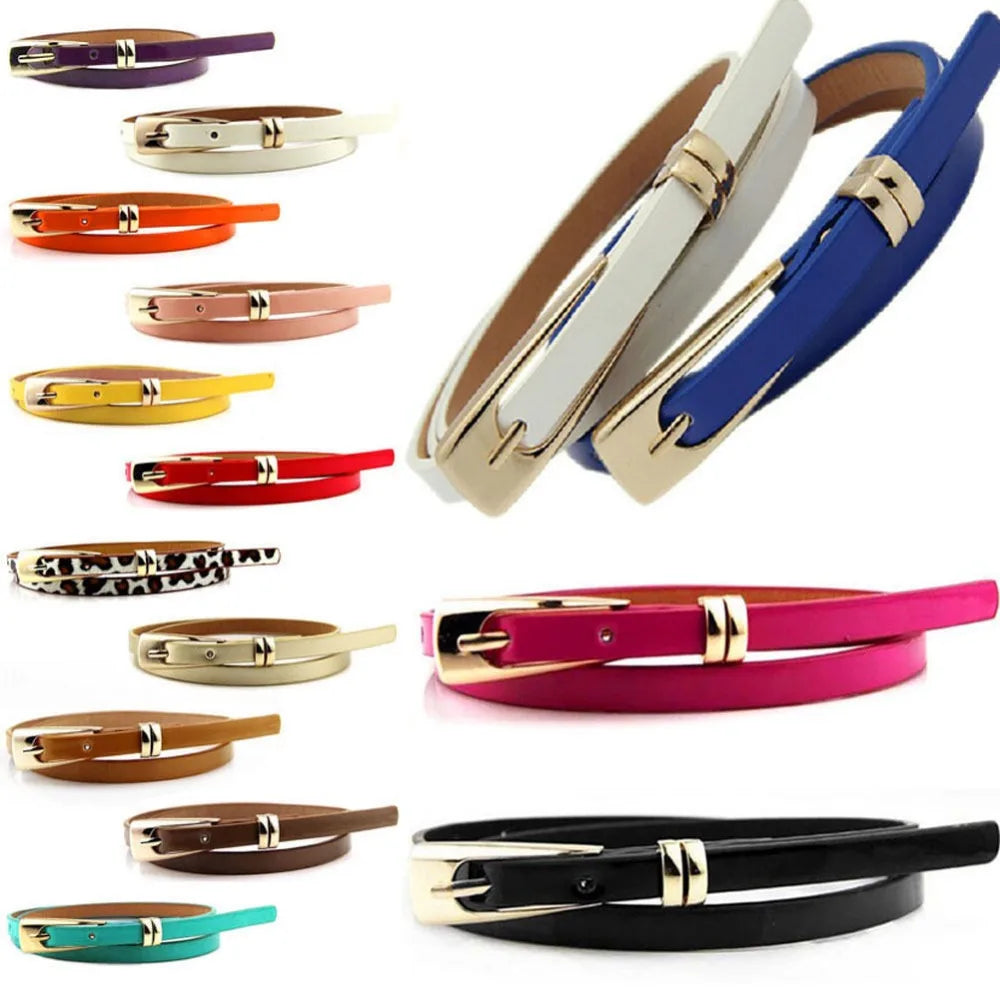 Fashion Female Thin PU Leather Narrow Waistband Belt for Girl Skinny Candy Belt