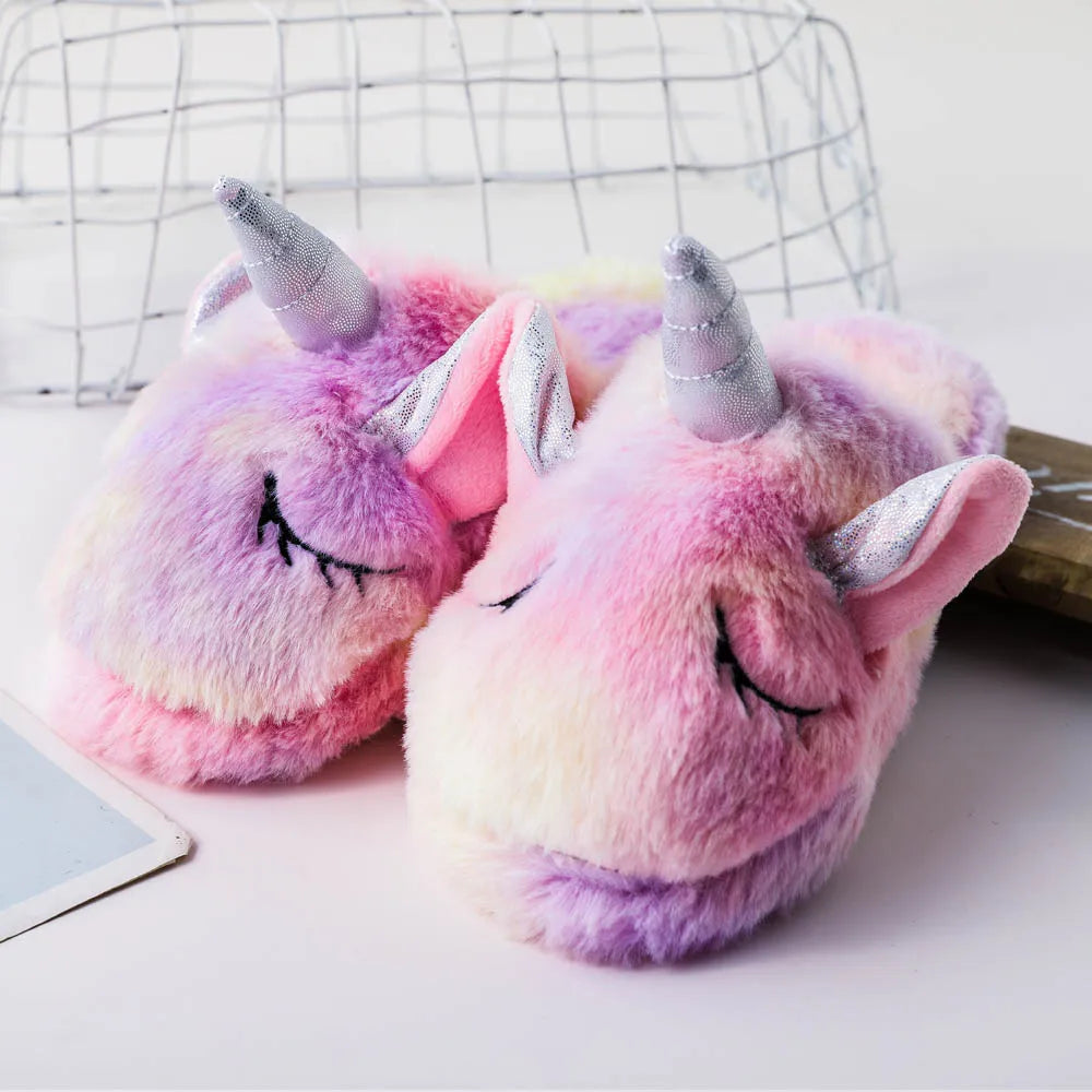 Girls Winter Rainbow Unicorn Slippers Children Cartoon Kigurumi Pajama Shoes