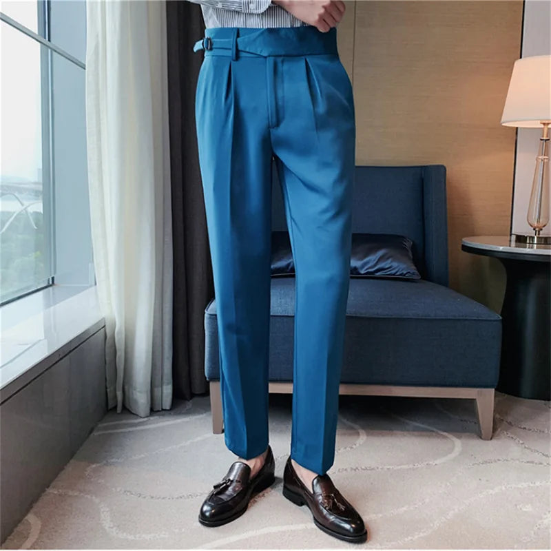 British Style Men Business Casual Dress Pants Men Belt Design Slim Trousers