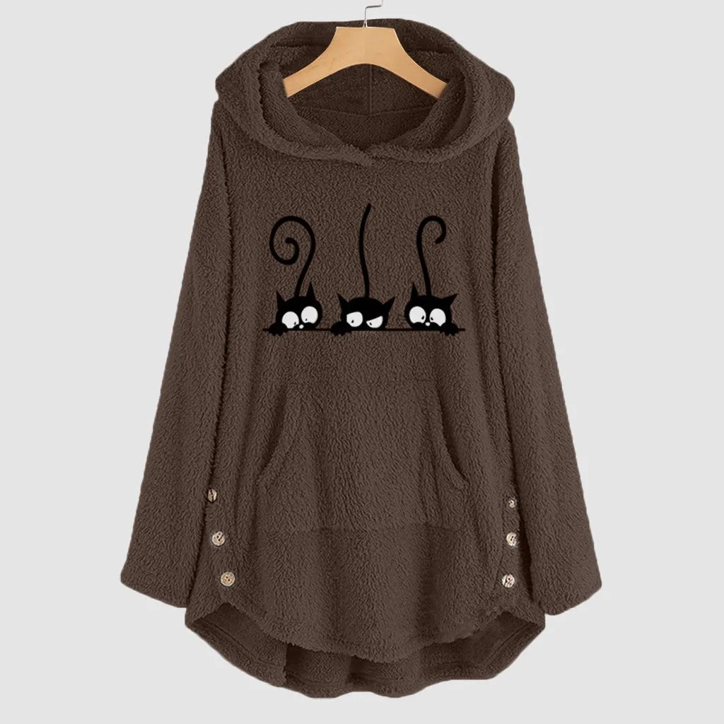 Cardigan Womens Fleece Cat Embroidery Plus Size Warm Oversized Hoodies