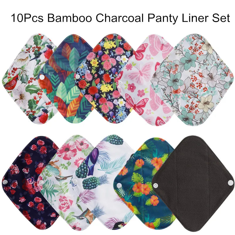 10PCS Reusable Pads Bamboo Charcoal Sanitary Pads Washable Panty Liner Pads