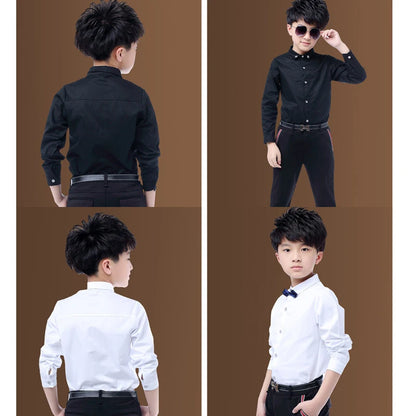 New Children Boys Shirts Cotton Solid Black&White Shirt With Tie Boys for 3-15