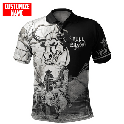 Personalized Name Bull Riding 3D All Over Printed Mens Polo Shirt