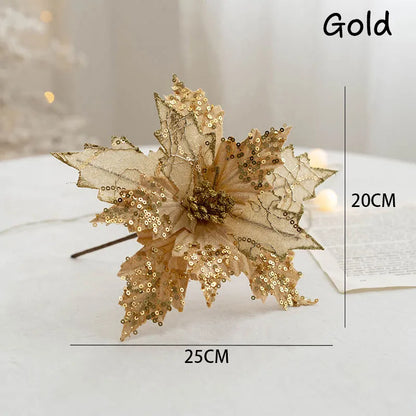 Handcraft Glitter Large Decor Poinsettia Fake Flowers for DIY New Year