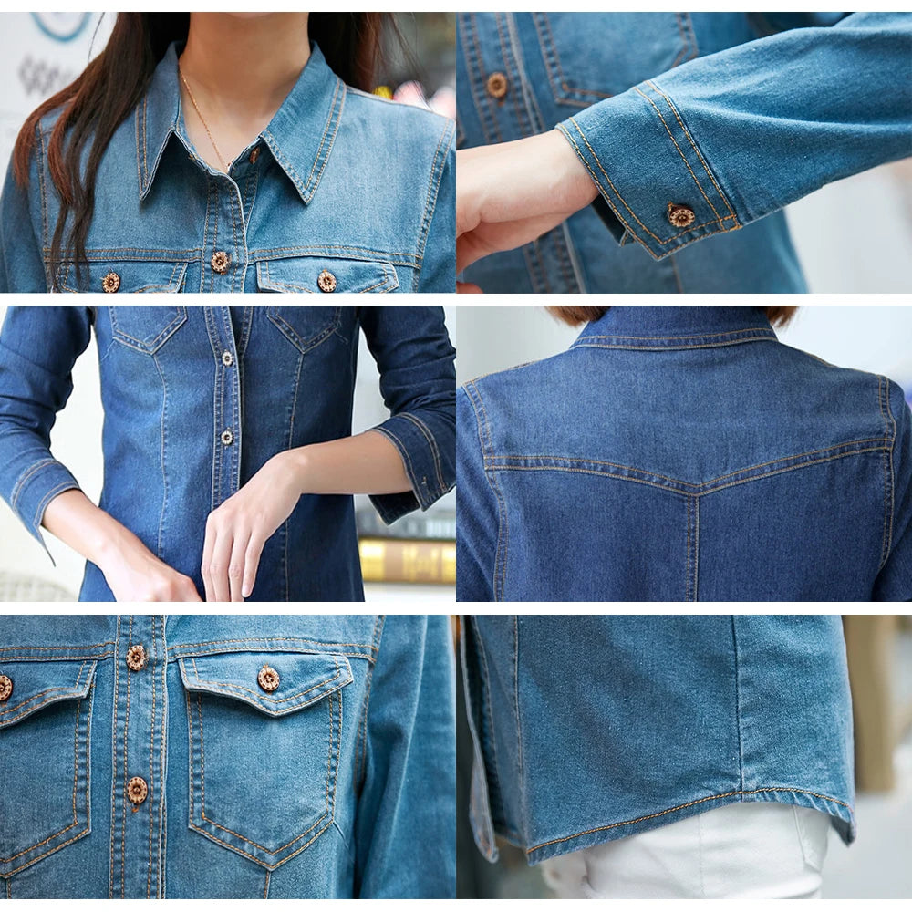 Jeans Shirt Women Long Sleeve Slim Casual Vintage Elastic Ladies Denim Shirts