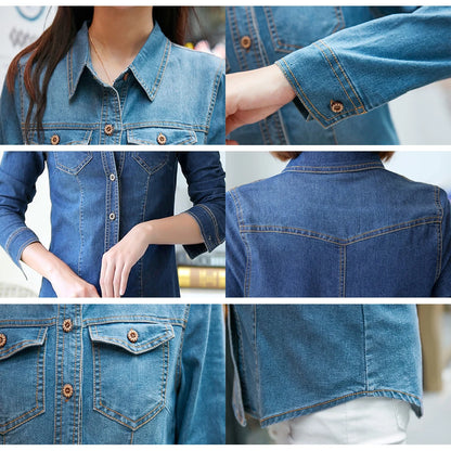 Jeans Shirt Women Long Sleeve Slim Casual Vintage Elastic Ladies Denim Shirts