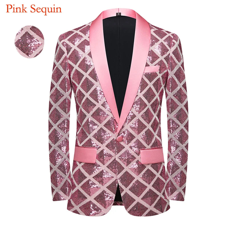 Luxury Laser Sequin Tuxedo Blazer Jacket Men One Button