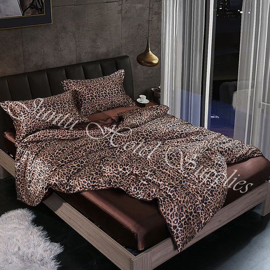 Juntu Leopard Print Double Color Soft Luxury Silk Bedding Set