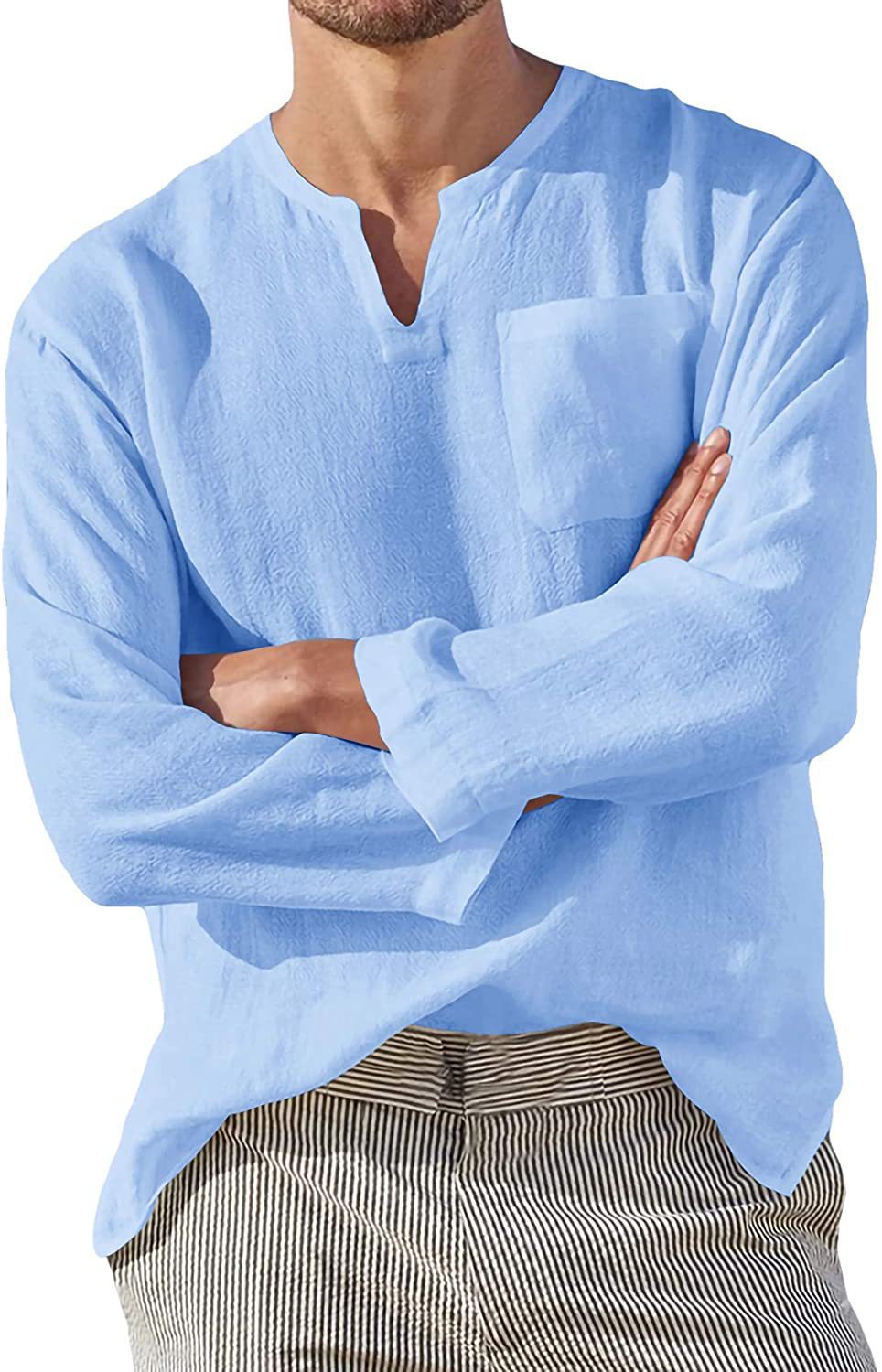 Casual Shirt for Men Solid Color Long Sleeve T-Shirts Men Loose v Neck