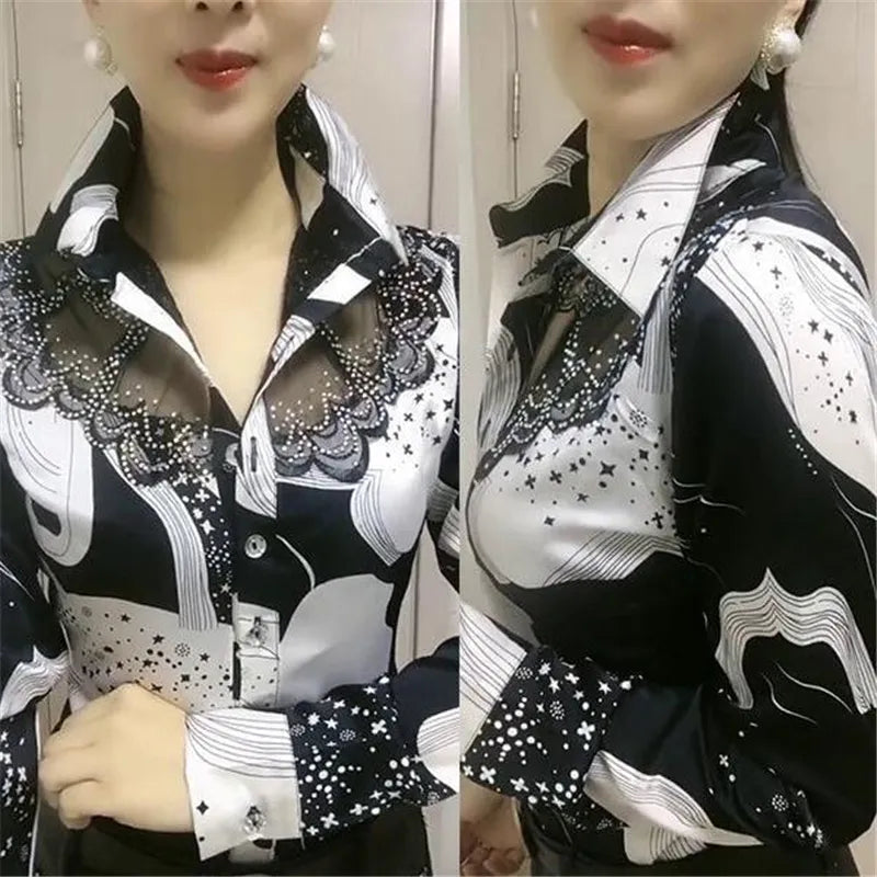 Trendy Streetwear Offce Women Blouses Hot Drill Mesh Chiffon Shirts