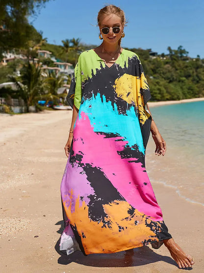 2023 Multicolored Kaftan Bohemian Printed V-Neck Batwing