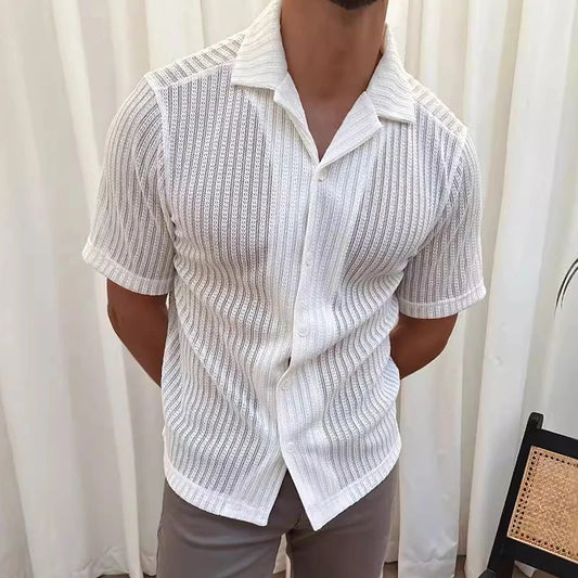 Casual Hollow Out Knitting Shirts for Mens Summer Fashionable See Through Mesh