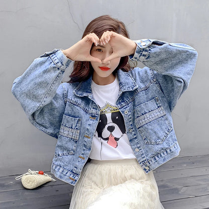 Women Denim Bomber Long Sleeve Jaqueta Tops Loose Vintage Jacket