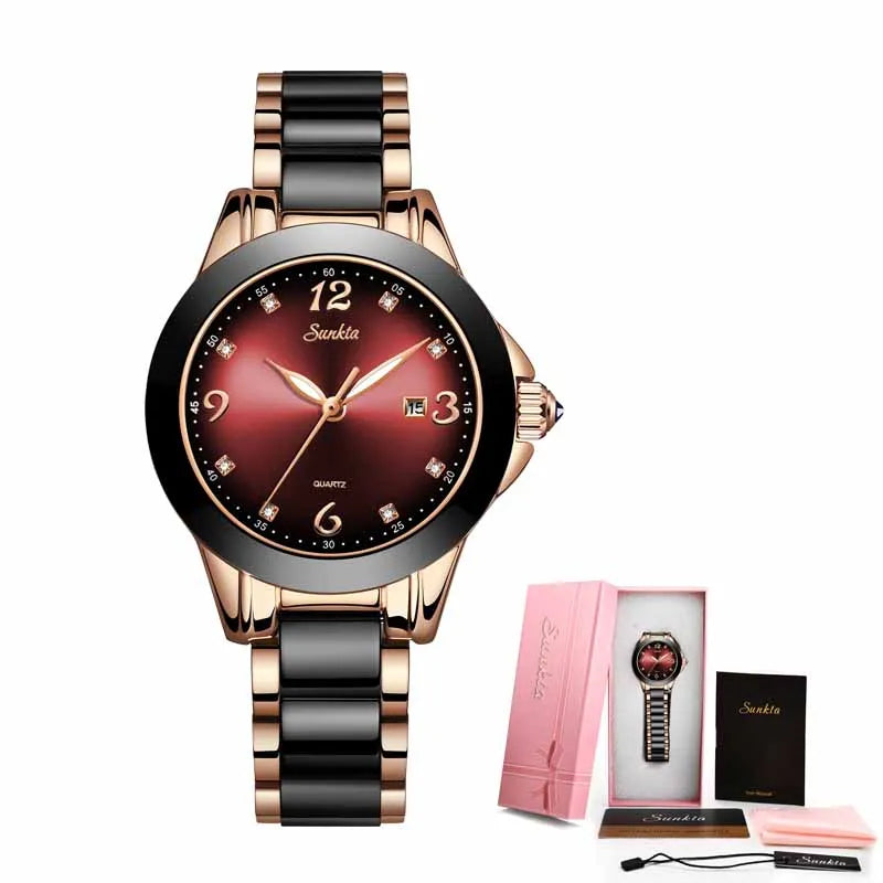 SUNKTA Fashion Women Watches Ladies Top Brand Luxury Ceramic Rhinestone Sport