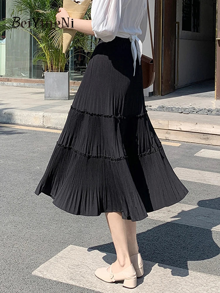 Pleated Skirt Women Vintage Casual Chiffon Shift Long High Waist Skirts