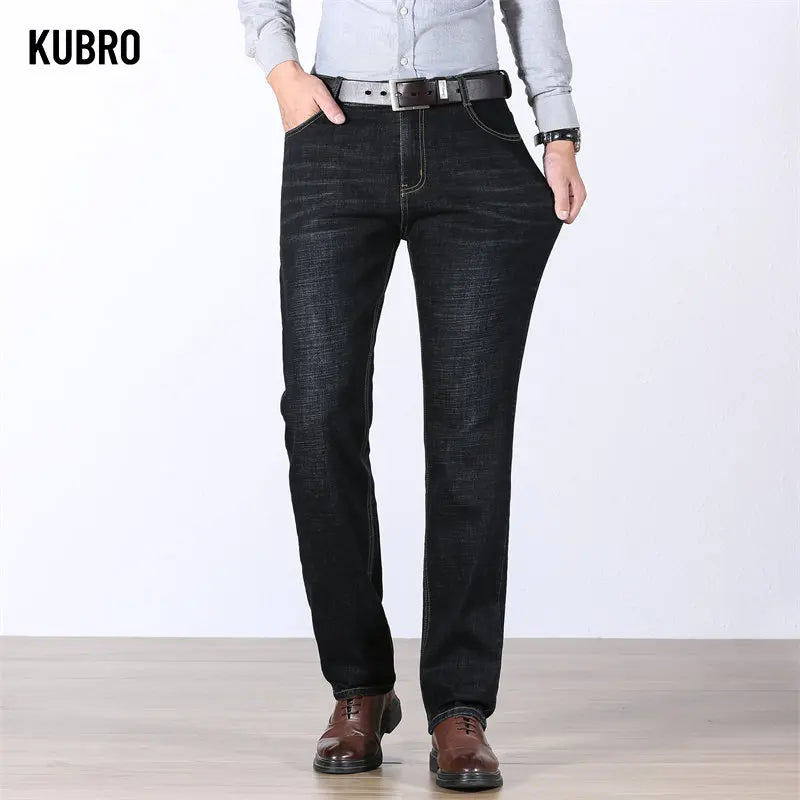 KUBRO Spring Jeans Men Cotton Business Casual Straight Stretch Denim Trouser