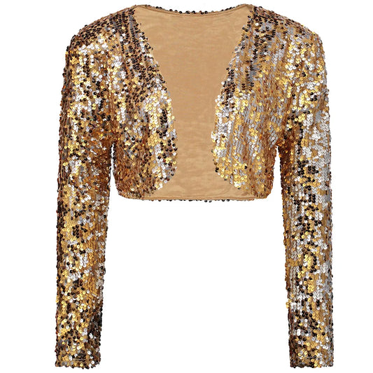 Sparkly Sexy Women Sequin Cardigan Jacket Coat Long Sleeve Short Cropped