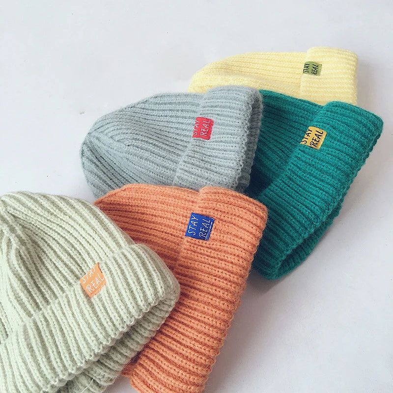 Autumn Winter Solid Color Baby Knitted Hats Kids Girls Boys Beanies Caps