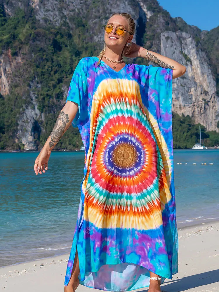 2023 Multicolored Kaftan Bohemian Printed V-Neck Batwing