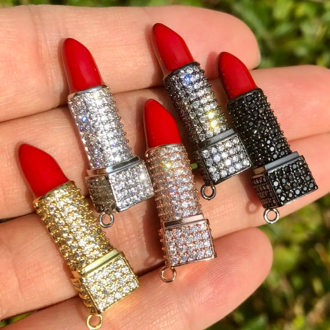 5Pcs Cubic Zirconia Pave Red Lipstick Pendant Charms for Women