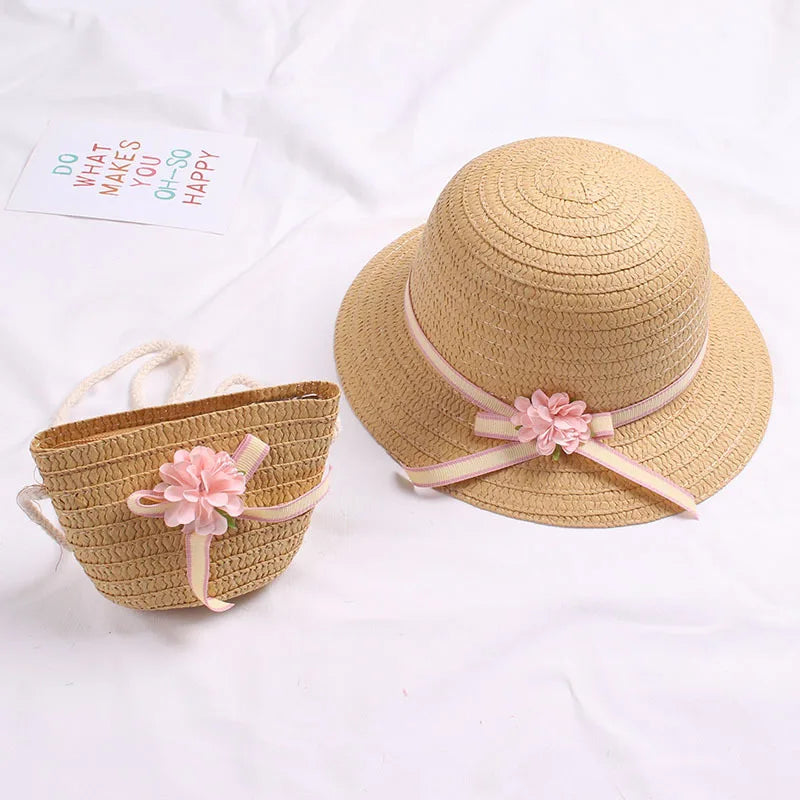 Summer Baby Flower Breathable Hat Straw Hat With Handbag Bags Kids Hat Girls