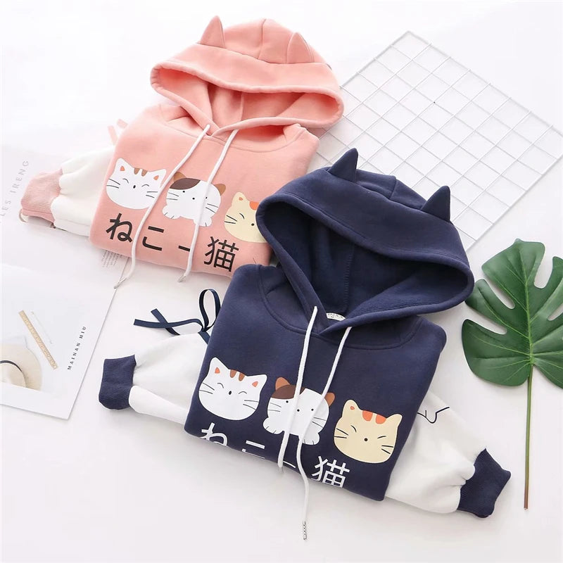 2020 Winter Harajuku Kawaii Women Hoodies Japanese Cute Cat Graphic Girls