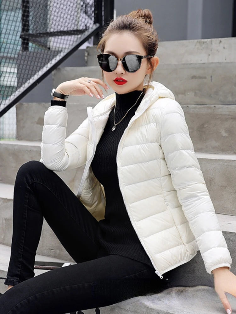 Women's Hooded Down Jacket Lightweight Short Slim White Duck Down Ladies' Jacket