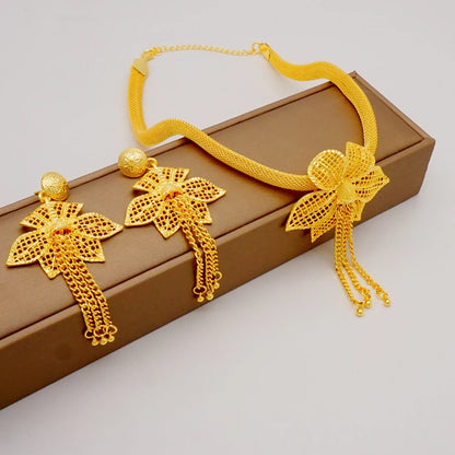 Ethiopian Dubai Gold Color Jewelery Sets for Women Girl Bridal Tassel Flower