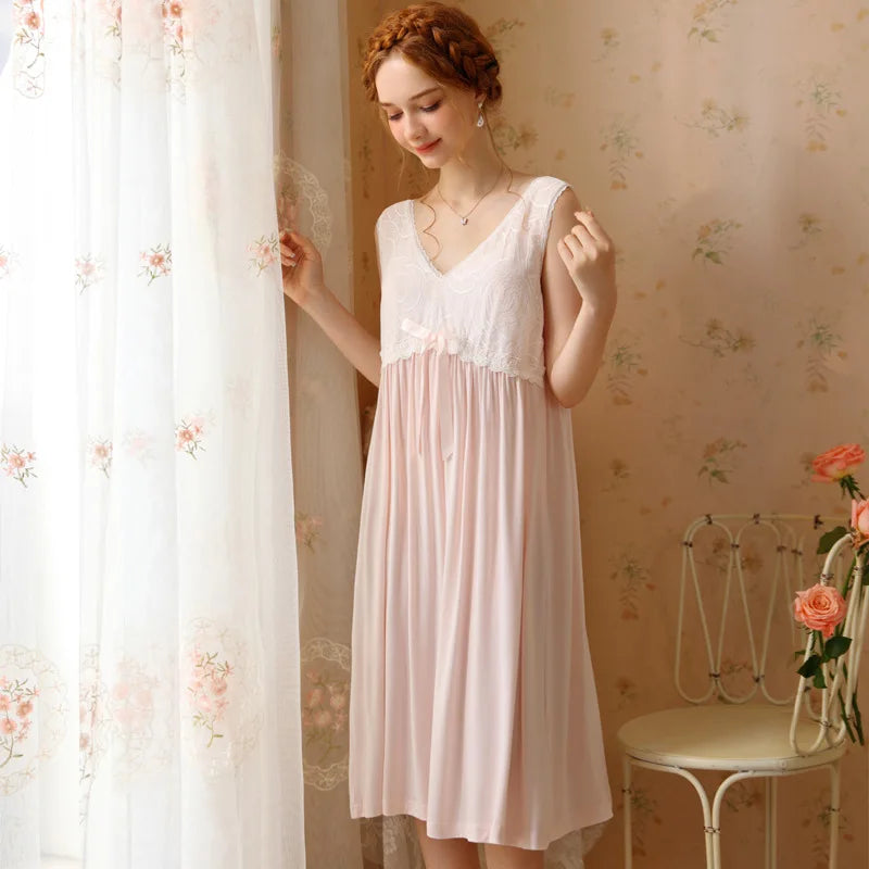 Sweet Sleeveless Night Dress Women Summer Nightwear Sexy Lace Modal Nightgown