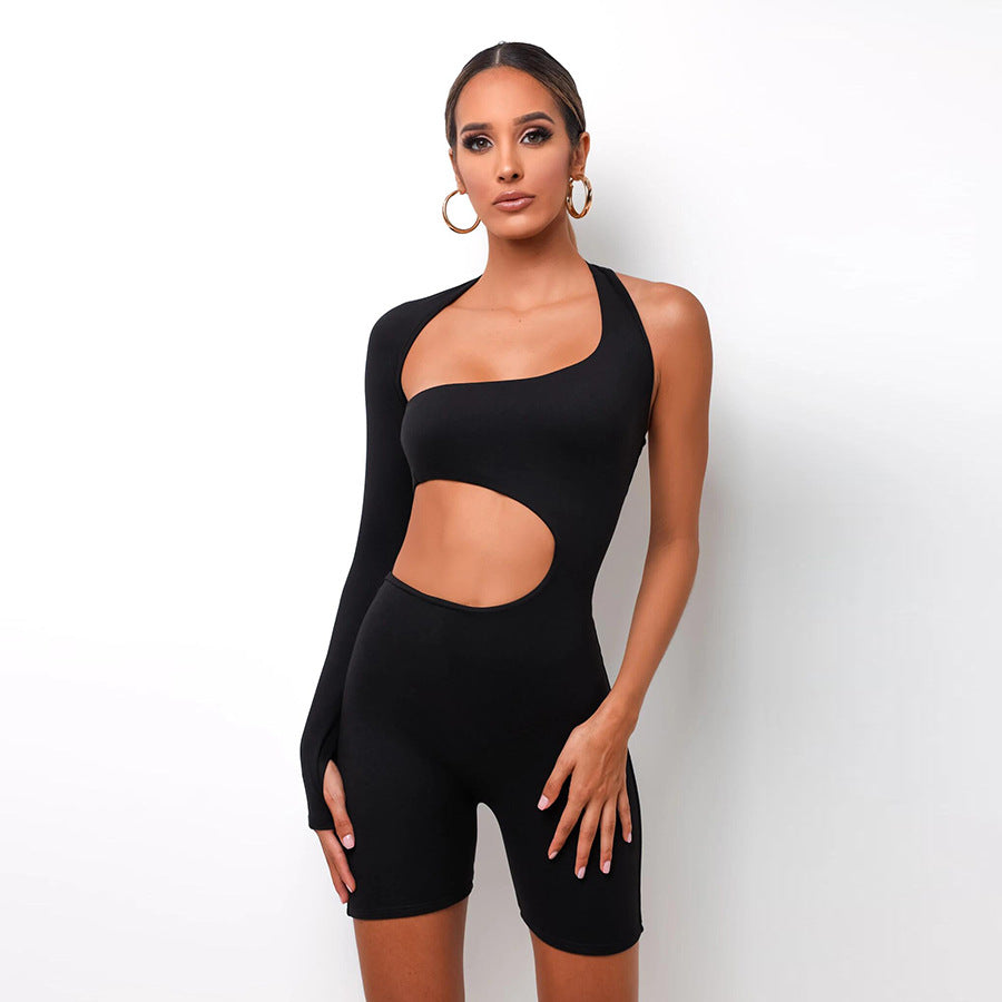 Skinny Fitness Womens Bodysuits Asymmetrical Solid Colors