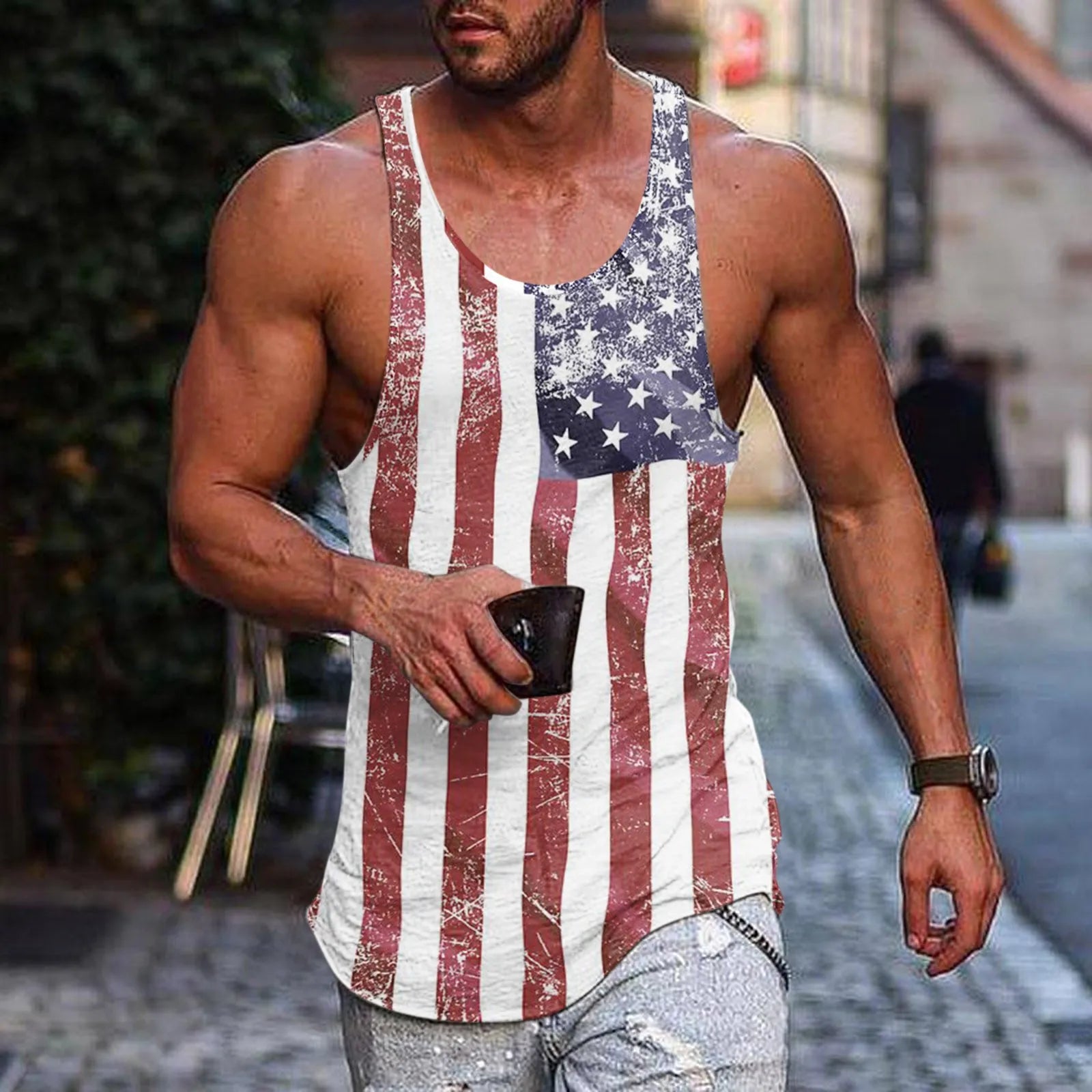 Men Summer Tank Tops Vests Casual Beach O Neck American Flag Printed