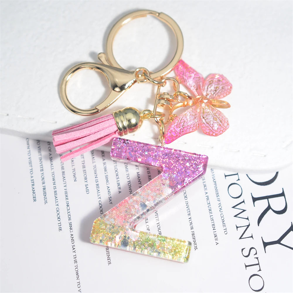 Cute Resin A-Z Initials Letter Keychain Pink Sparkle Butterfly Tassel Pendant