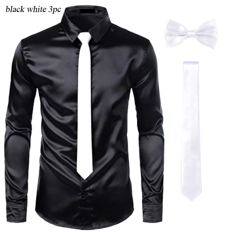 Black Mens Silk Dress Shirts 3Pcs(Shirt +Tie+Bowtie) Smooth Satin Shirt