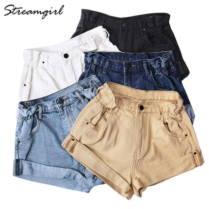 Streamgirl Denim Shorts Women's White Women Short Jeans Khaki Wide Leg Elastic