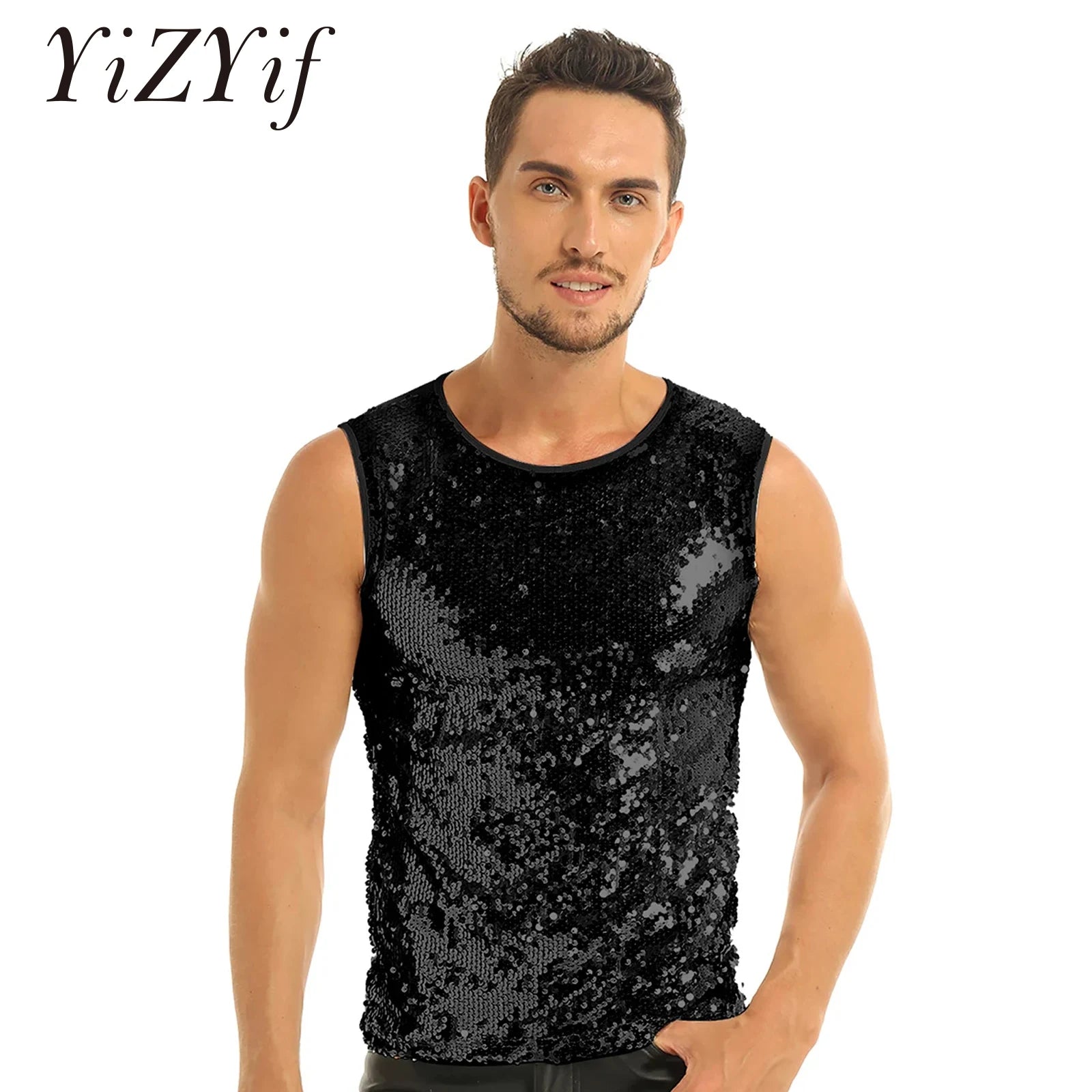 YiZYiF Men's Sequin Tank Top Shiny Crop Top Vest Crew Neck Slim Vest