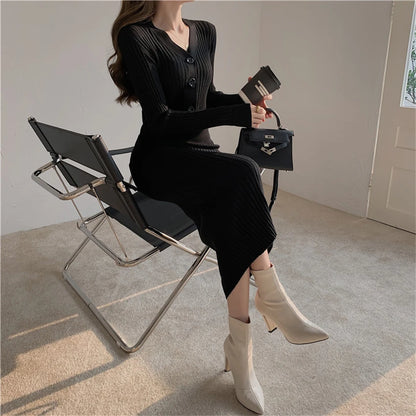 Woman's Knitted Autumn Winter Clothes V-Neck Women Sweater Dress Korean Fashion