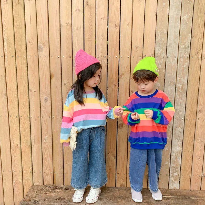 Baby Kids Hoodies Korean Autumn Sweatershirt Rainbow Striped