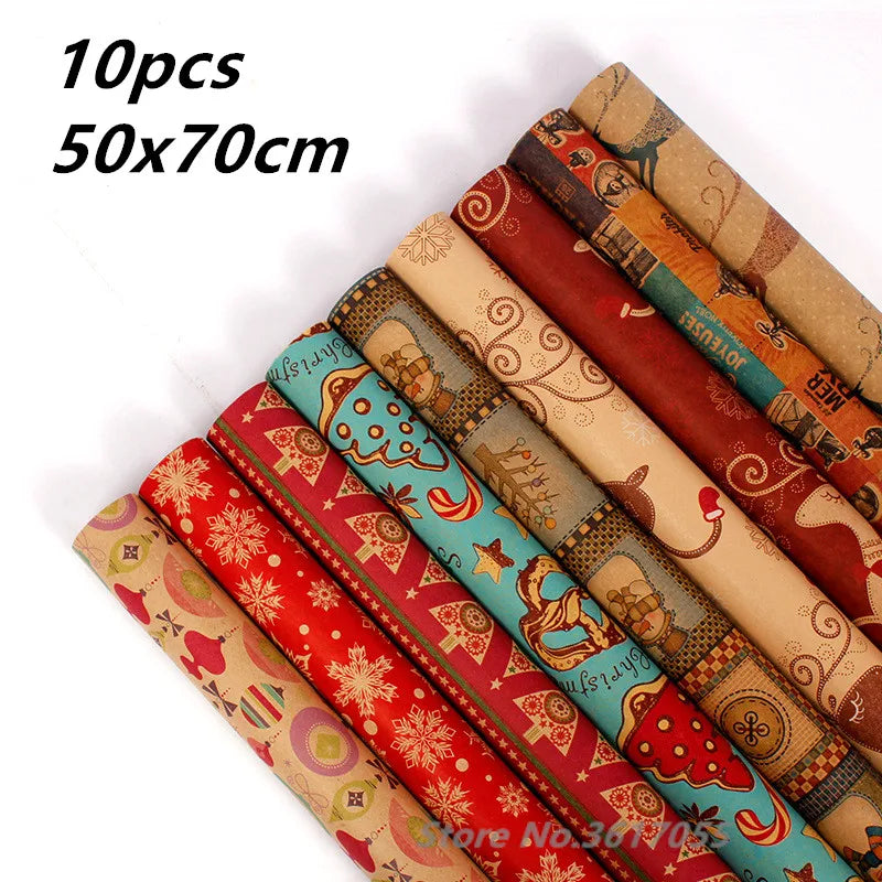 10pcs 50x70cm Gift Packing Paper Retro Style Kraft Decoration New Year