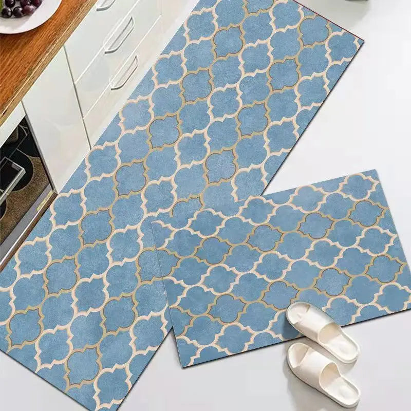 Anti-Slip Kitchen Floor Mat Blue Lattice Rug Bath Long Strip Absorption Doormat